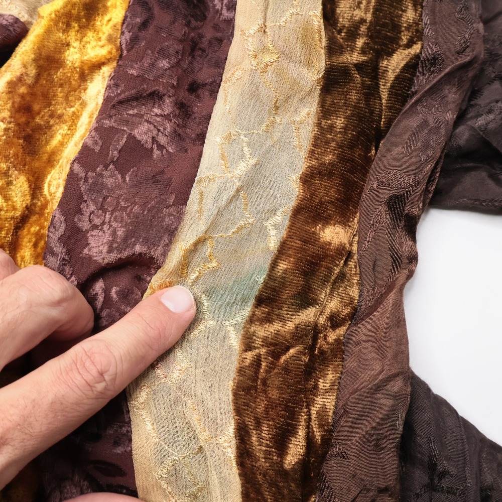 VTG Artsy Mixed Texture Velvet Burnout Scarf Brown Gold Earth Tones Striped SEE - Picture 4 of 9